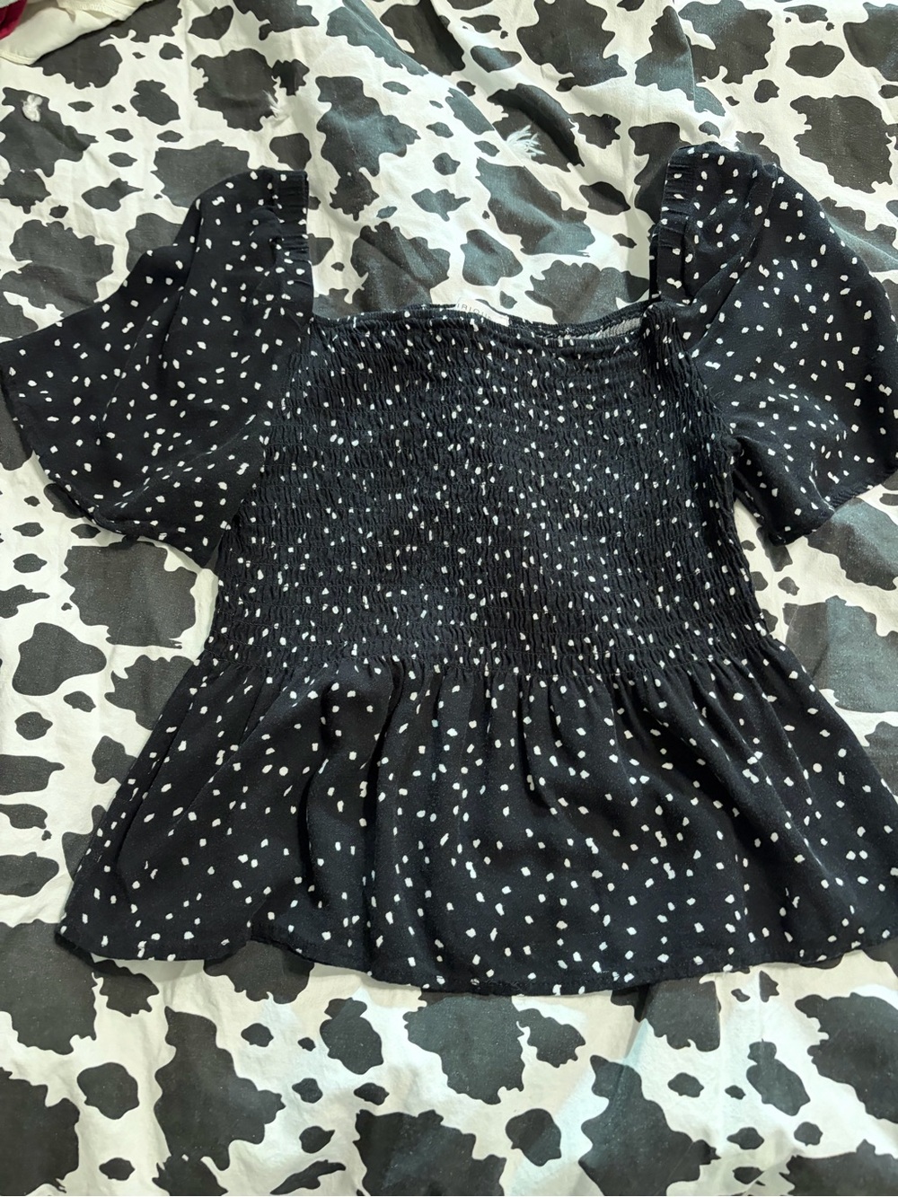 Smocked Square-Neck Black Polka Dot Peplum Top